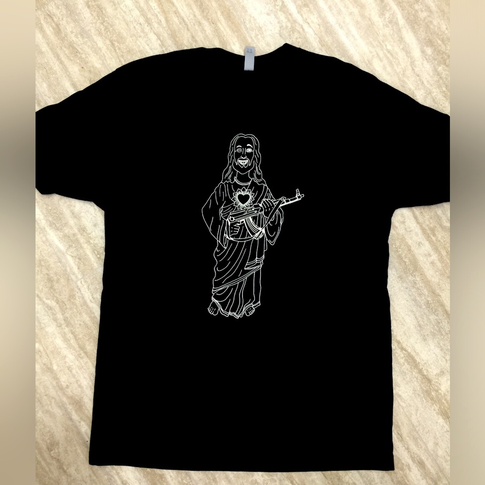 New Original Artwork “machine gun Jesus” Shirt. Sizes XS,S,M,L,XL!